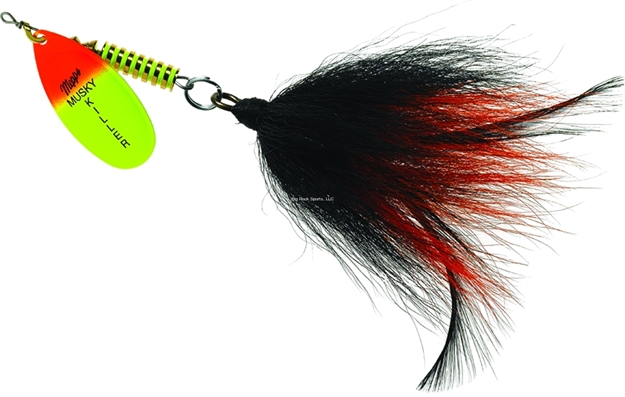 Picture of Mepps Musky Killer In-Line Spinner Bucktail, 3/4 Oz, 5/0 Treble Hook, Hot Orange/Chartreuse Blade/Black/Orange Tail