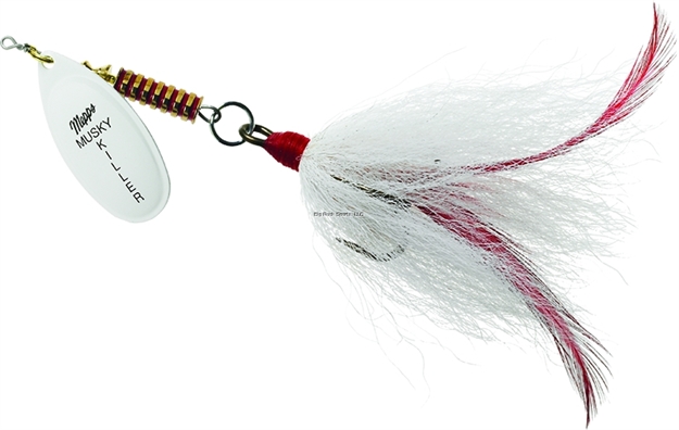 Picture of Mepps Musky Killer In-Line Spinner Bucktail, 3/4 Oz, 5/0 Treble Hook, Hot White Blades & White Tail