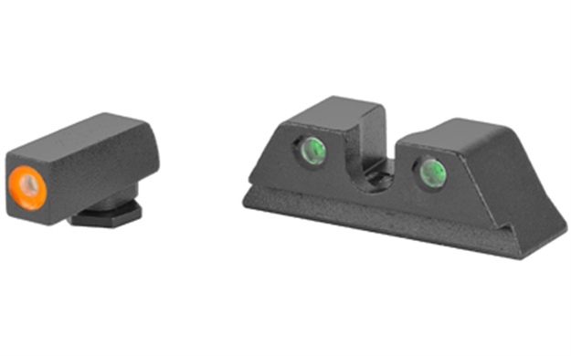 Picture of Meprolight Usa 402243131 Hyper-Bright Sight Set Green Tritium Orange Outline Front Sight-Green Tritium Black Outline Rear Sight Glock 17/17L/19/22 ML40224O