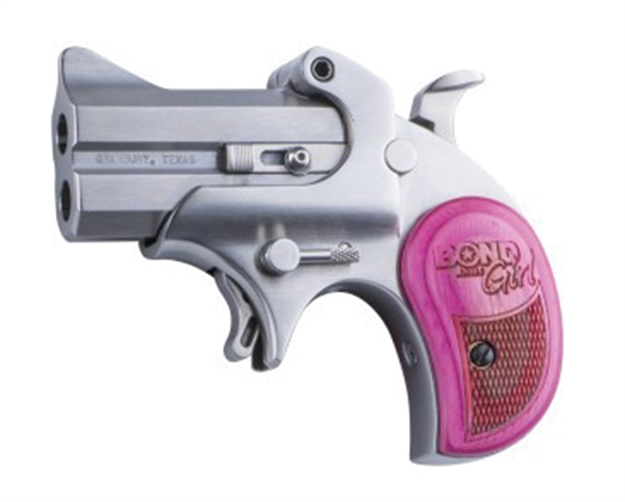 Picture of Bond Arms Bam Mini Girl 357 Mag/38 SP 2Rd 2.50" Stainless Steel Double Barrel & Frame, Auto Extractor & Rebounding Hammer, Blade Front/Fixed Rear Sights, Pink Laminate Grip, Manual Safety BAM35738 855959002502