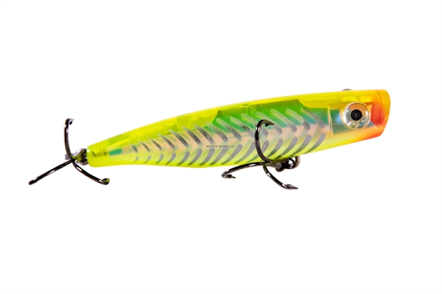 Picture of Mirrolure C-Eye Poppa Mullet Surface Popper, 3 5/8", 1/2 Oz, Chartreuse Fluorescent Back & Belly/Silver Bones, Floating