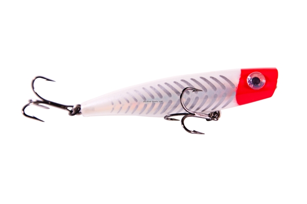 Picture of Mirrolure C-Eye Poppa Mullet Surface Popper, 3 5/8", 1/2 Oz, Red Head/White Back & Belly/Silver Bones, Floating