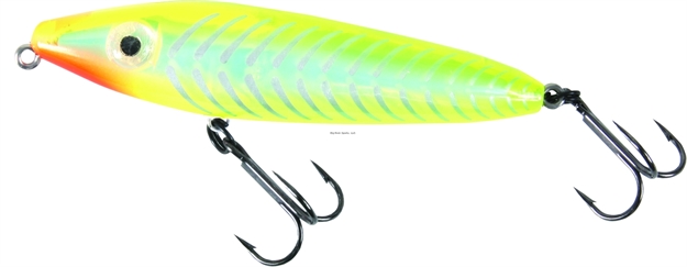 Picture of Mirrolure C-Eye Pro Dog Jr. Surface Walker, 4", 3/4 Oz, 3-D Eyes, Chartreuse Fluorescent Back & Belly/Silver Bones
