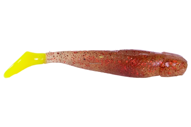 Picture of Mirrolure Marsh Minnow Scented Soft Plastic Paddle Tail Lure, 3 3/4", Avocado Red Glitter/Chartreuse Tail