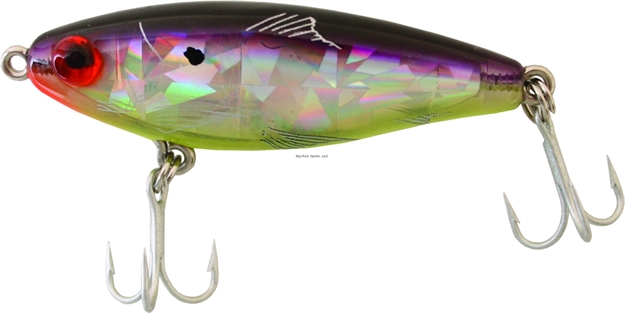 Picture of Mirrolure Mirrodine Suspending Twitchbait, 2 5/8", 3/8 Oz, 3-D Eyes, Purple Back/Chartreuse Belly/Silver Broken Glass