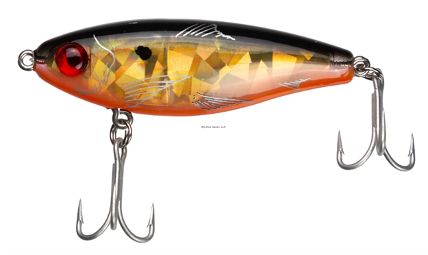 Picture of Mirrolure Mirrodine XL Suspending Twitchbait, 3 1/8", 9/16 Oz, 3-D Eyes, Black Back/Orange Belly/Gold Broken Glass
