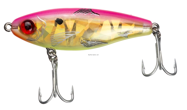 Picture of Mirrolure Mirrodine XL Suspending Twitchbait, 3 1/8", 9/16 Oz, 3-D Eyes, Pink Back/Chartreuse Belly Gold Broken Glass