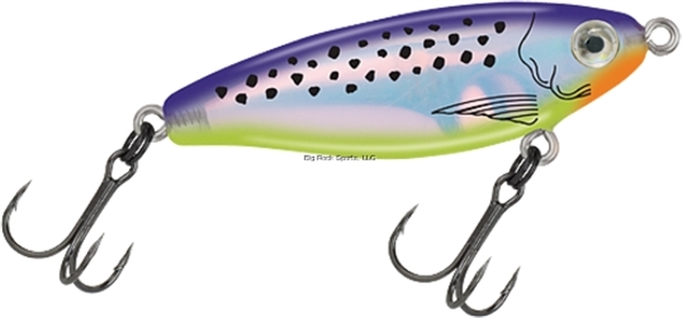 Picture of Mirrolure Mirrodine XL Suspending Twitchbait, 3 1/8", 9/16 Oz, 3-D Eyes, Purple Back/Chartreuse Belly/Silver Broken Glass