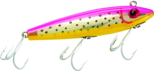 Picture of Mirrolure Spotted Trout Ttr Rattling Twitchbait, 3 5/8", 1/2 Oz, Fluorescent Hot Pink Back/Yellow Belly/Silver Scale, Suspending