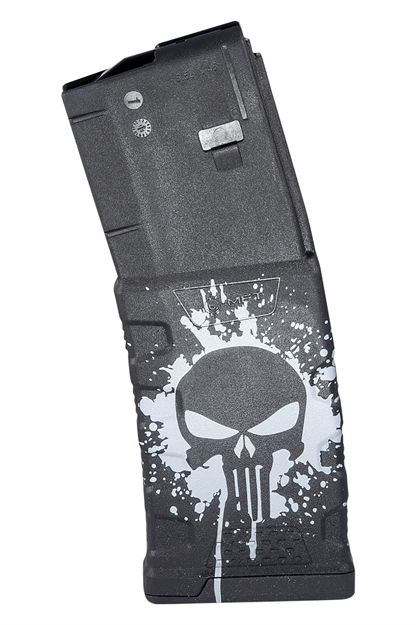 Picture of Mission First Tactical Exdpm556psswh Extreme Duty  30Rd 223 Rem/5.56X45mm Fits Ar-15/M4 Black W/White Punisher Skull Splatter Polymer EXDPM556D-PSSWH 814002024861