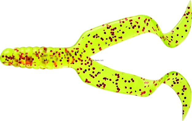 Picture of Mister Twister Double Tail Grub, 4", Chartreuse Red Flake, 10/Pack
