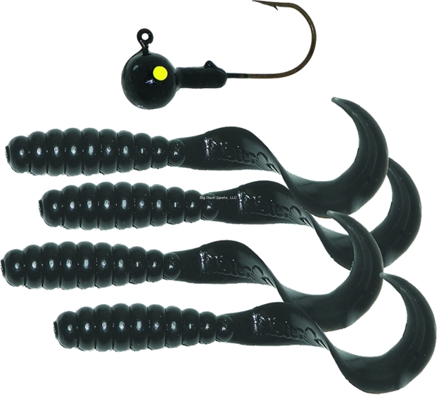 Picture of Mister Twister Meeny Curly Tail Jig Combo, 3", 1/4 Oz, 1 Jighead & 4 Bodies, Black, 4/Pack