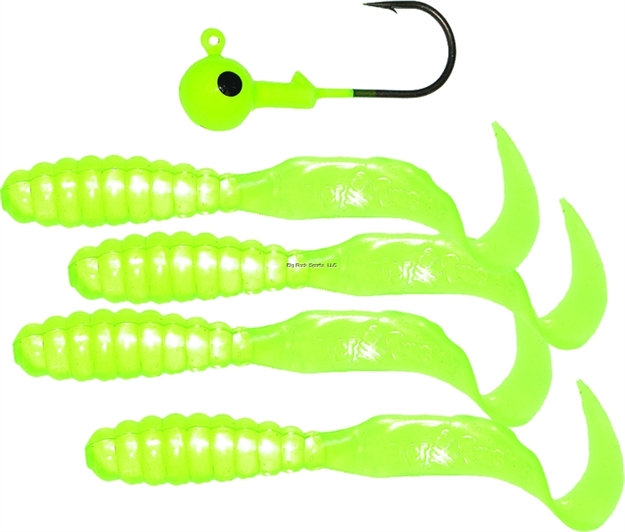 Picture of Mister Twister Meeny Curly Tail Jig Combo, 3", 1/4 Oz, 1 Jighead & 4 Bodies, Chartreuse, 4/Pack