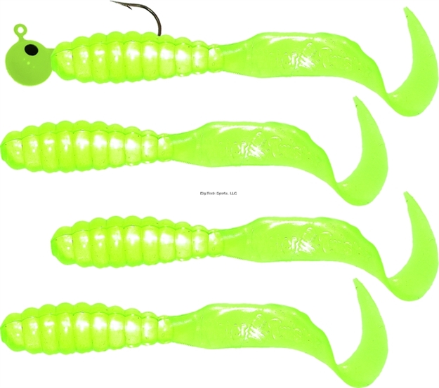 Picture of Mister Twister Meeny Curly Tail Jig Combo, 3", 1/8 Oz, 1 Jighead & 4 Bodies, Chartreuse, 4/Pack