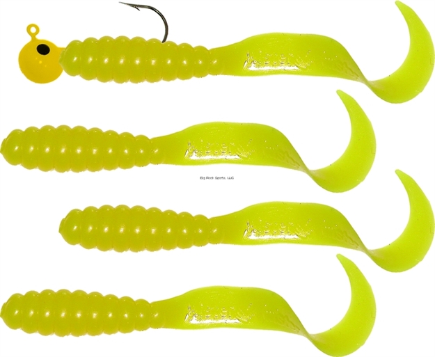 Picture of Mister Twister Meeny Curly Tail Jig Combo, 3", 1/8 Oz, 1 Jighead & 4 Bodies, Yellow, 4/Pack