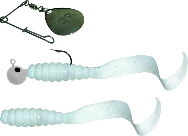 Picture of Mister Twister Meeny Curly Tail Spin Combo, 3", 1/8 Oz, 1 Spinjig & 2 Bodies, White, 2/Pack