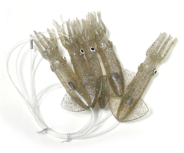 Picture of Mold Craft Squid Daisy Chain, 9", 5 Squid, 300 LB Mono, NO Hook, Fire Cracker Psyka