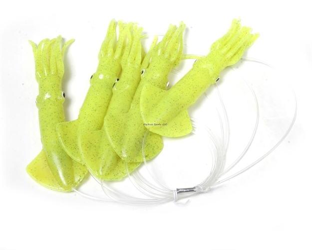 Picture of Mold Craft Squid Daisy Chain, 9", 5 Squid, 300 LB Mono, NO Hook, Florescent Yellow