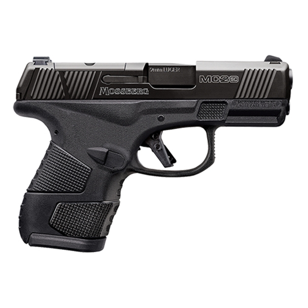 Picture of  Mossberg 89046 Mc2sc Sub-Compact 9Mm Luger Caliber With 3.40" Barrel, 10+1 Capacity, Matte Black Finish Frame, Serrated/Optic Cut Black Dlc Stainless Steel Slide & Aggressive Textured Polymer Grip