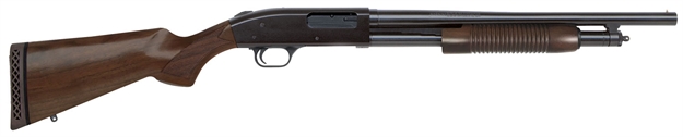 Picture of  Mossberg 50429 500 Retrograde Full Size 12 Gauge Pump 3" 5+1 18.50" Blued Steel Barrel, Blued Drilled & Tapped Steel Receiver, Fixed Walnut Stock, Ambidextrous 015813504294