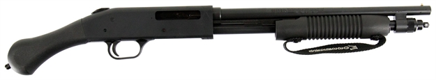 Picture of  Mossberg 50649 590 Shockwave 410 Gauge Pump 3" 5+1 14.38" Matte Blued Heavy-Walled Barrel, Drilled & Tapped Blued Stainless Steel Receiver, Black Raptor Birdshead Grip