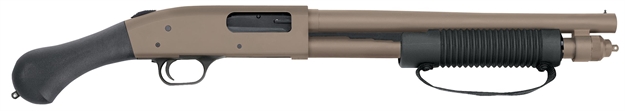 Picture of  Mossberg 50653 590 Shockwave 12 Gauge 5+1 3" 14.375" Heavy Barrel, Flat Dark Earth Cerakote, Dual Extractors, Drilled & Tapped Receiver, Corncob Forend W/Strap, Raptor Birdshead Grip Stock 015813506533