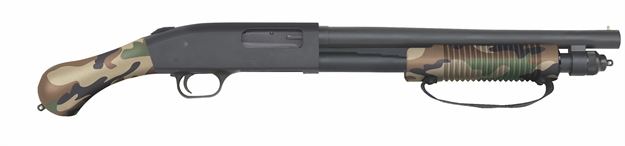 Picture of Mossberg 590 Shockwave Pump Action Shotgun, 12 Ga, 14" Bbl, U.S. Woodland Grip And Forearm, Bead Sight. 5+1 Rnd, Brs Exclusive