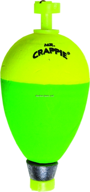 Picture of Mr. Crappie Snappers Snap-On Foam Pear Weighted Float 1-3/4" Yellow/Green 50Pk