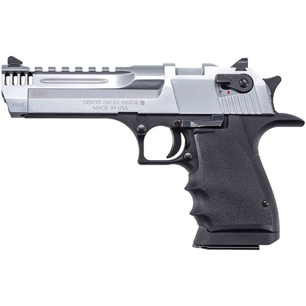 Picture of  Magnum Research De50l5bc Desert Eagle L5 50 AE 5" With Muzzle Brake 7+1 Black Hardcoat Anodized Aluminum Frame Brushed Chrome Carbon Steel Slide Black Hogue Wraparound Rubber Grip 761226089674