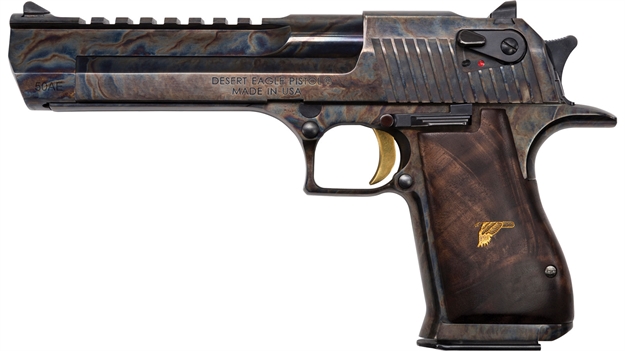 Picture of  Magnum Research De50ch Desert Eagle Mark Xix 50 AE 6" 7+1 Color Case Hardened Carbon Steel With Clear Cerakote Frame & Slide Walnut With Engraved Desert Eagle Logo Grip 761226088394