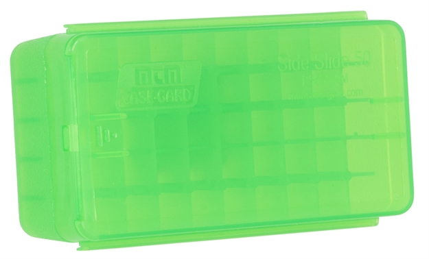 Picture of Mtm Case-Gard P50ss9m16 Side-Slide Ammo Box  Multi-Caliber Handgun Clear Green Plastic 50Rd P50SS-9M-16 026057124162