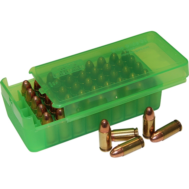 Picture of Mtm Case-Gard P50ss4516 Side-Slide Ammo Box Pistol Multi-Caliber Handgun Clear Green Plastic 50Rd P50SS-45-16 026057123165