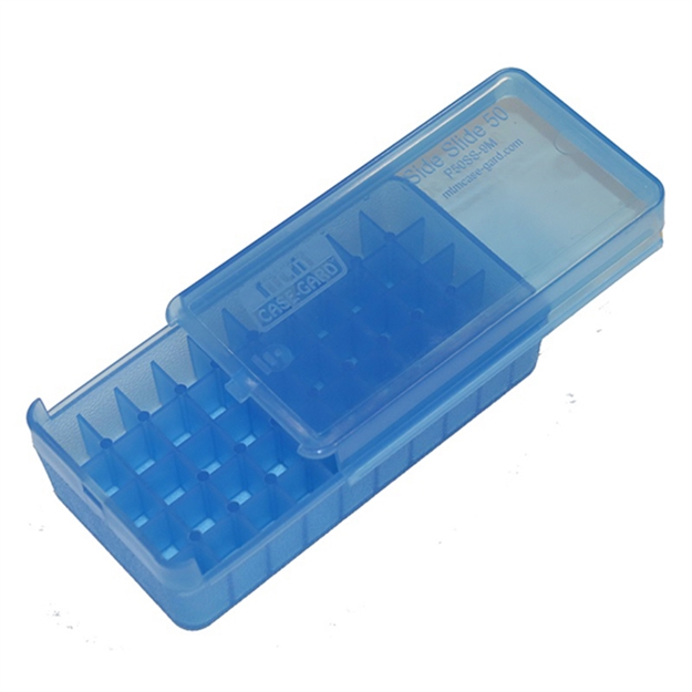 Picture of Mtm Case-Gard P50ss9m24 Side-Slide Ammo Box  Multi-Caliber Handgun Clear Blue Plastic 50Rd P50SS-9M-24