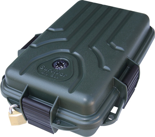 Picture of Mtm Survivor Dry Box, O-Ring Seal, Compass, Signal Mirror, Triple Latch, 9.8" X 6.8" X 3.0", Forest Green S1072-11