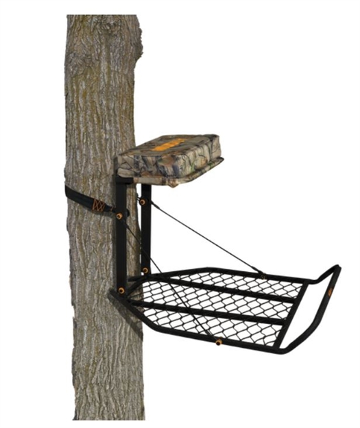 Picture of Muddy Woodsman Boss XL Fixed Position Hang-On Tree Stand, Steel, 24"W X 34"D Platform, 3 Thick Foam Seat, Full Body Fall Arrest Harness