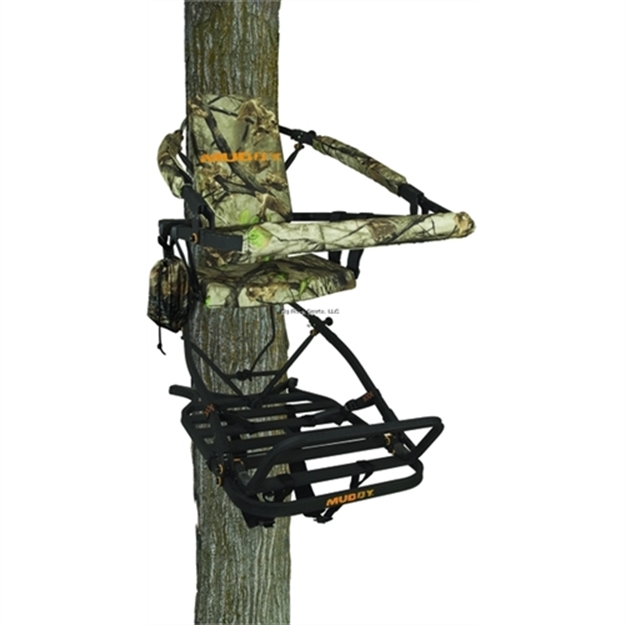 Picture of Muddy Woodsman Woodsman Climbing Treestand, 21"W Seat, 28"L X 20"W Platform, Padded Armrests & Seat Bar, Full Body Fall Arrest Harness