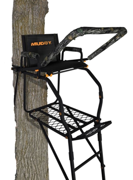 Picture of Muddy Woodsman Huntsman 17' Single Ladderstand, Two-Way Rail, Flip-Back Footrest, Flex-Tek Flip Back Seat, Tma Full Body Harness