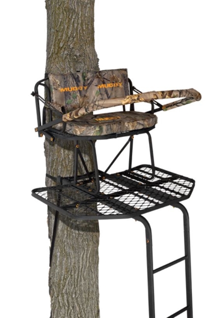 Picture of Muddy Woodsman Prestige 16' 2-Man Ladderstand, Flip-Back Rail, Armrests And Seat, 34"W Padded Seat, 2 Safety Harnesses