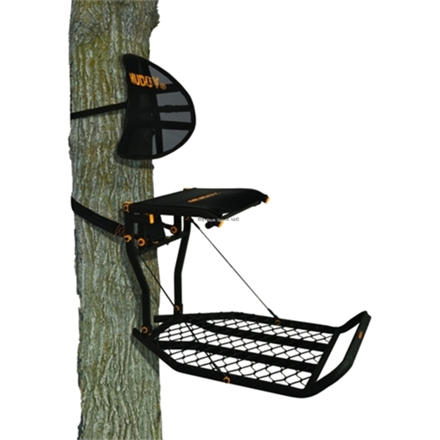 Picture of Muddy Woodsman Prodigy Fixed Position Hang-On Tree Stand, Steel, 24"W X 30"D Platform, X-Wide Seat, Backrest, Full Body Arrest Harness