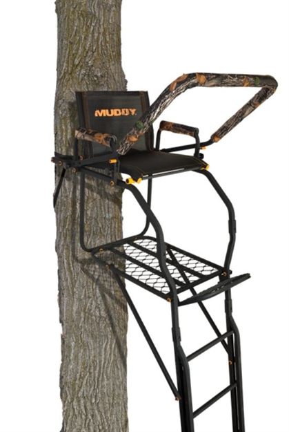 Picture of Muddy Woodsman Skybox 20' Single Ladderstand, Flip-Back Adjustable Rail And Footrest, 20"W Flex-Tek Seat, Safety Harness