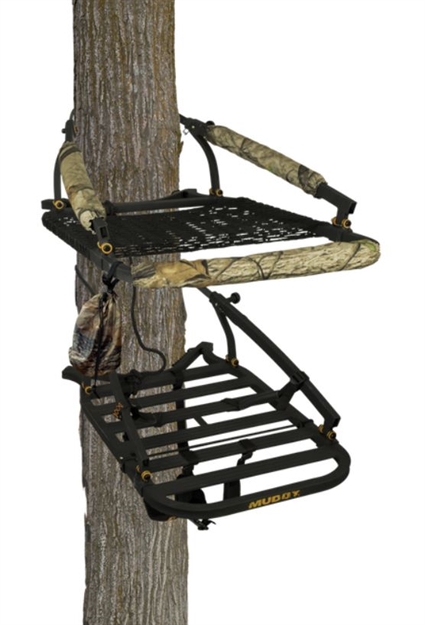 Picture of Muddy Woodsman Stalker Climbing Treestand, Aluminum, 21"W Seat, 28"L X 20"W Platform, Adj Seat Height, Packable, Full Body Harness