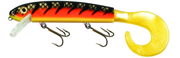 Picture of Musky Mania Squirrely Jake Fishing Plug With Live-Action Tail, 9", 1 1/8 Oz, Fire Belly Stripe