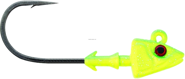 Picture of Mustad Elite Shad/Darter Head Jighead, 1/2 Oz, 2X Long 4/0 Hook, 3D Eyes, Chartreuse Uv, 3/Pack