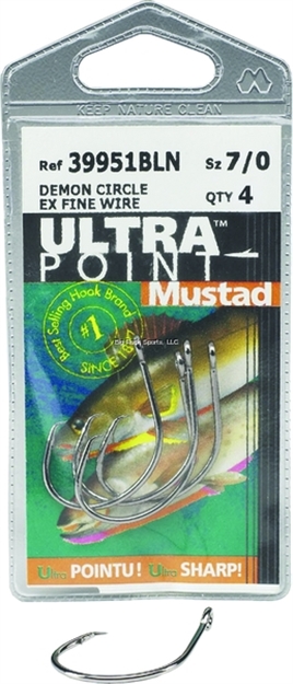 Picture of Mustad Ultrapoint Demon Tuna Perfect Circle Hook, Size 9/0, Needle Point, Wide Gap, Light Wire, Ringed Eye, Black Nickel, 4 Per Pack