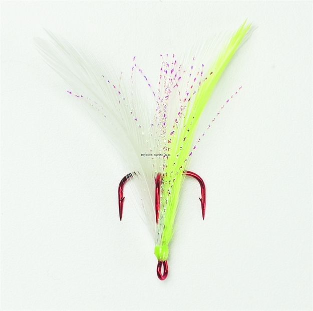 Picture of Mustad Ultrapoint Dressed Treble Hook, Size 6, Needle Point, Short Shank, Ringed Eye, Red, White/Chartreuse Feather, 2 Per Pack