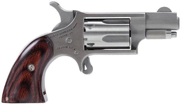 Picture of  North American Arms 22Lrgbg Mini-Revolver  Sports South Exclusive 2 LR 5 Shot 1.13" Stainless Steel Barrel, Frame & Cylinder, Wood Boot Grip, Exposed Hammer 744253001529