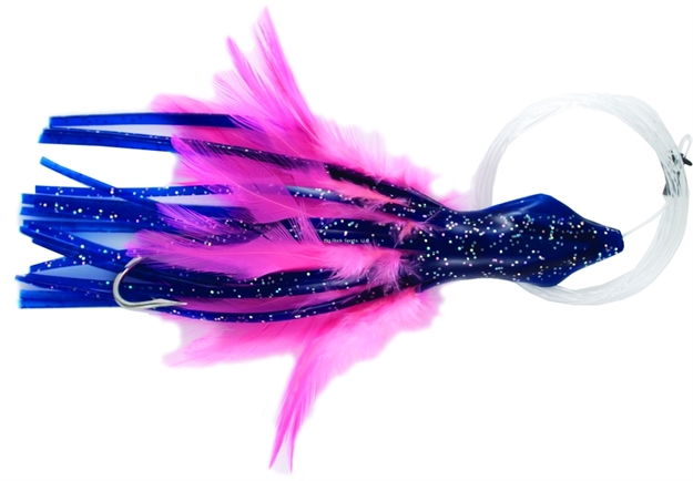 Picture of NO Alibi Dolphin Delight Trolling Lure, Rigged & Ready, Blue/Pink Skirt, 1.5 OZ Head, 6", 7/0 Hook, 135 LB Cable, 3 FT