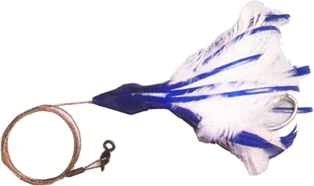 Picture of NO Alibi Dolphin Delight Trolling Lure, Rigged & Ready, Blue/White Skirt, 1.5 OZ Head, 6", 7/0 Hook, 135 LB Cable, 3 FT