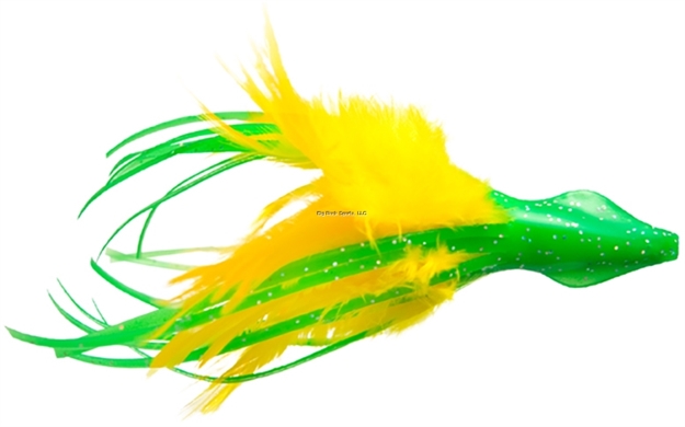 Picture of NO Alibi Dolphin Delight Trolling Lure, Rigged & Ready, Green/Yellow Skirt, 1/2 OZ Head, 4.5", 7/0 Hook, 135 LB Cable, 3 FT