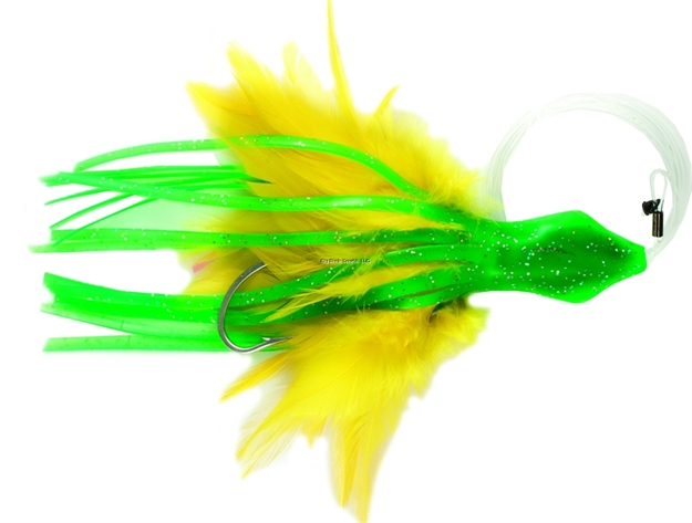 Picture of NO Alibi Dolphin Delight Trolling Lure, Rigged & Ready, Green/Yellow Skirt, 1.5 OZ Head, 6", 7/0 Hook, 135 LB Cable, 3 FT